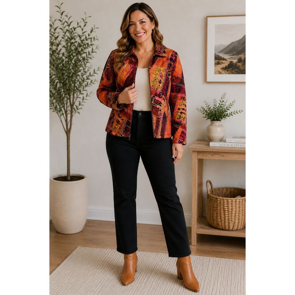 Anthracite Quilted Patchwork Jacket Size 8 Boho Art-to-Wear Zip Front Jacket